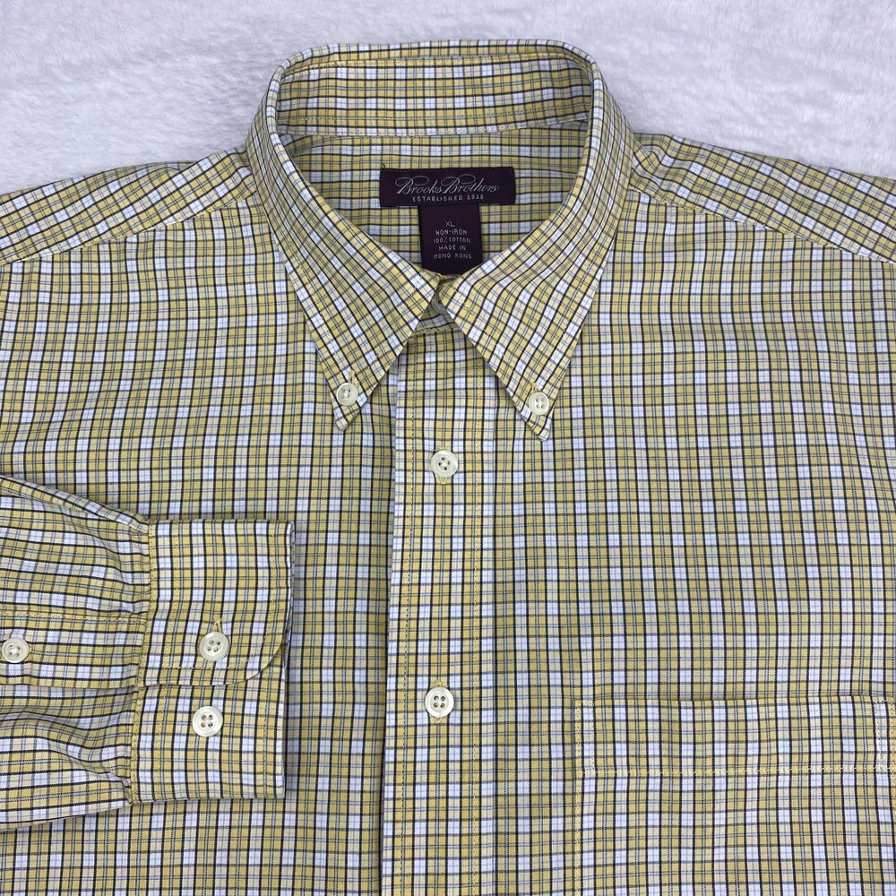 Brooks Brothers Shirt Boys XL Yellow Checks Non Iron Long Sleeves